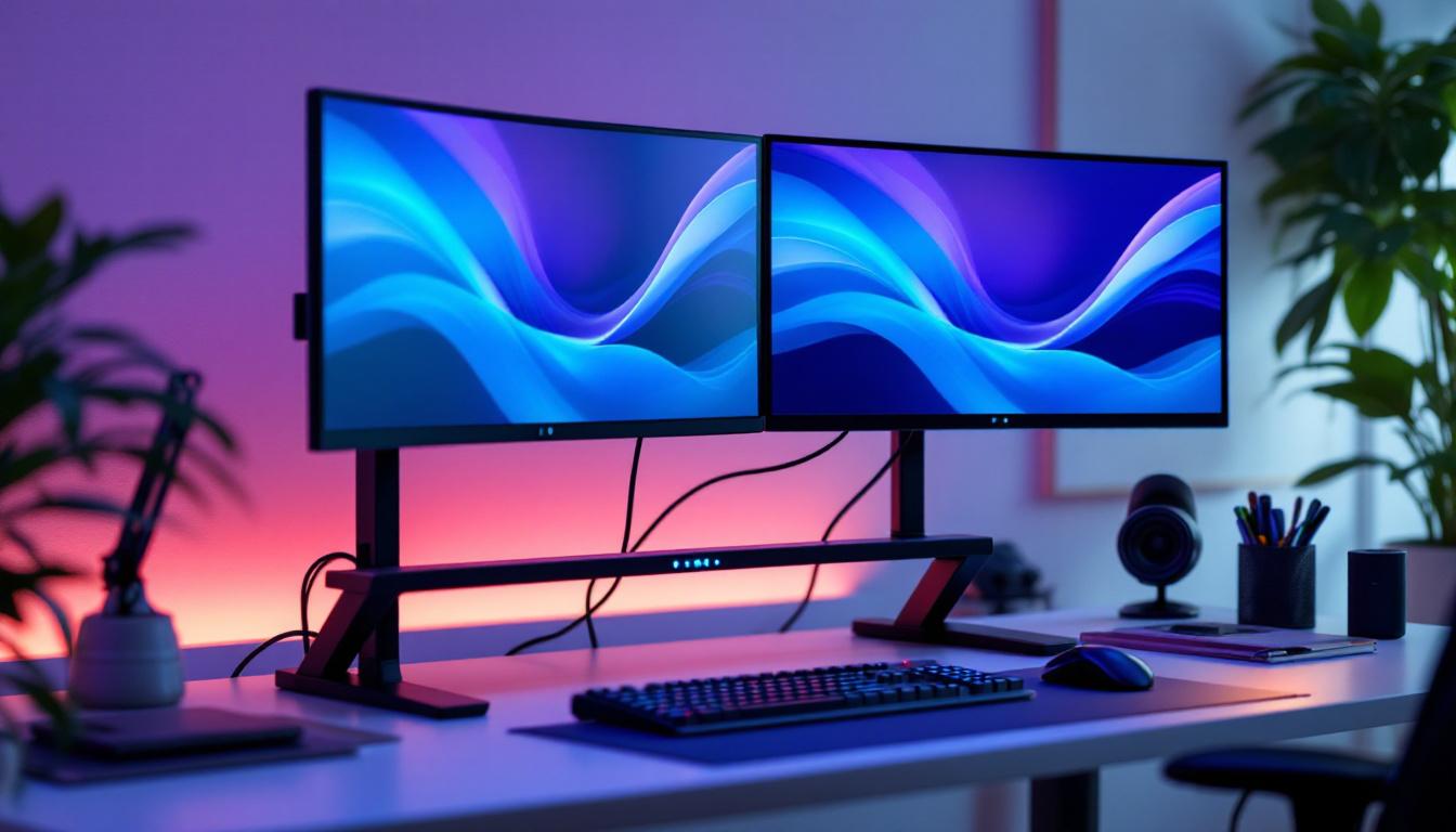 A photograph of a sleek double monitor computer stand setup in a modern workspace