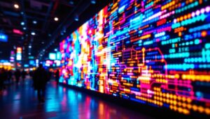A photograph of a vibrant led display showcasing a dynamic visual pattern or advertisement