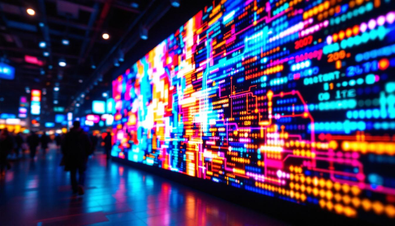 A photograph of a vibrant led display showcasing a dynamic visual pattern or advertisement