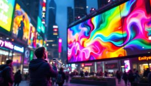 A photograph of a vibrant led display in a dynamic urban setting