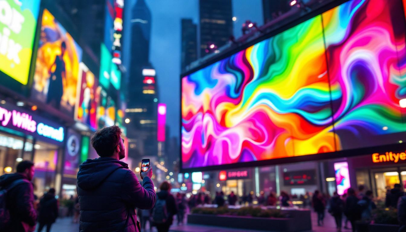 A photograph of a vibrant led display in a dynamic urban setting