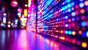 A photograph of a vibrant led display in a dynamic setting