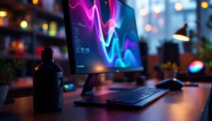 A photograph of capture a photograph of a sleek computer monitor with a built-in camera