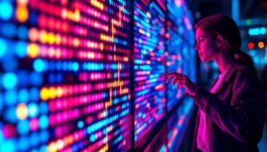 A photograph of a close-up view of a vibrant led display in action