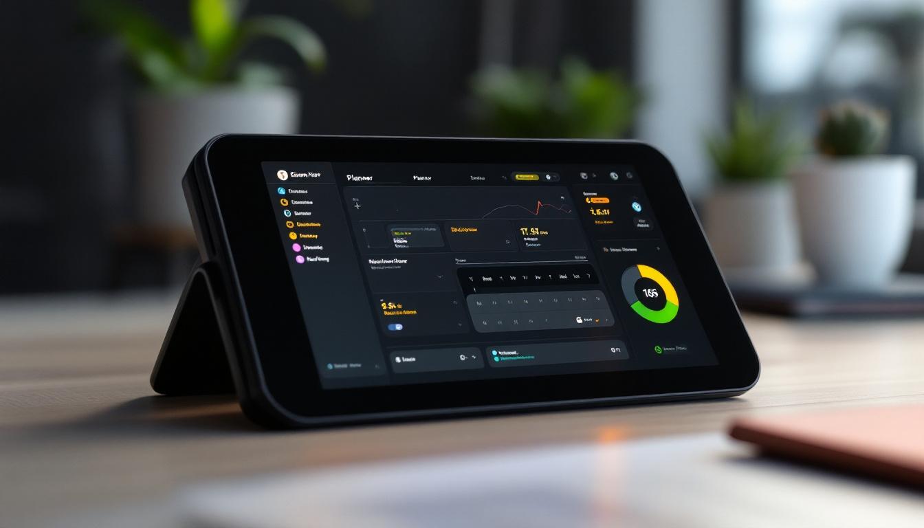 A photograph of a sleek electronic planner device with a vibrant led display showcasing its user interface