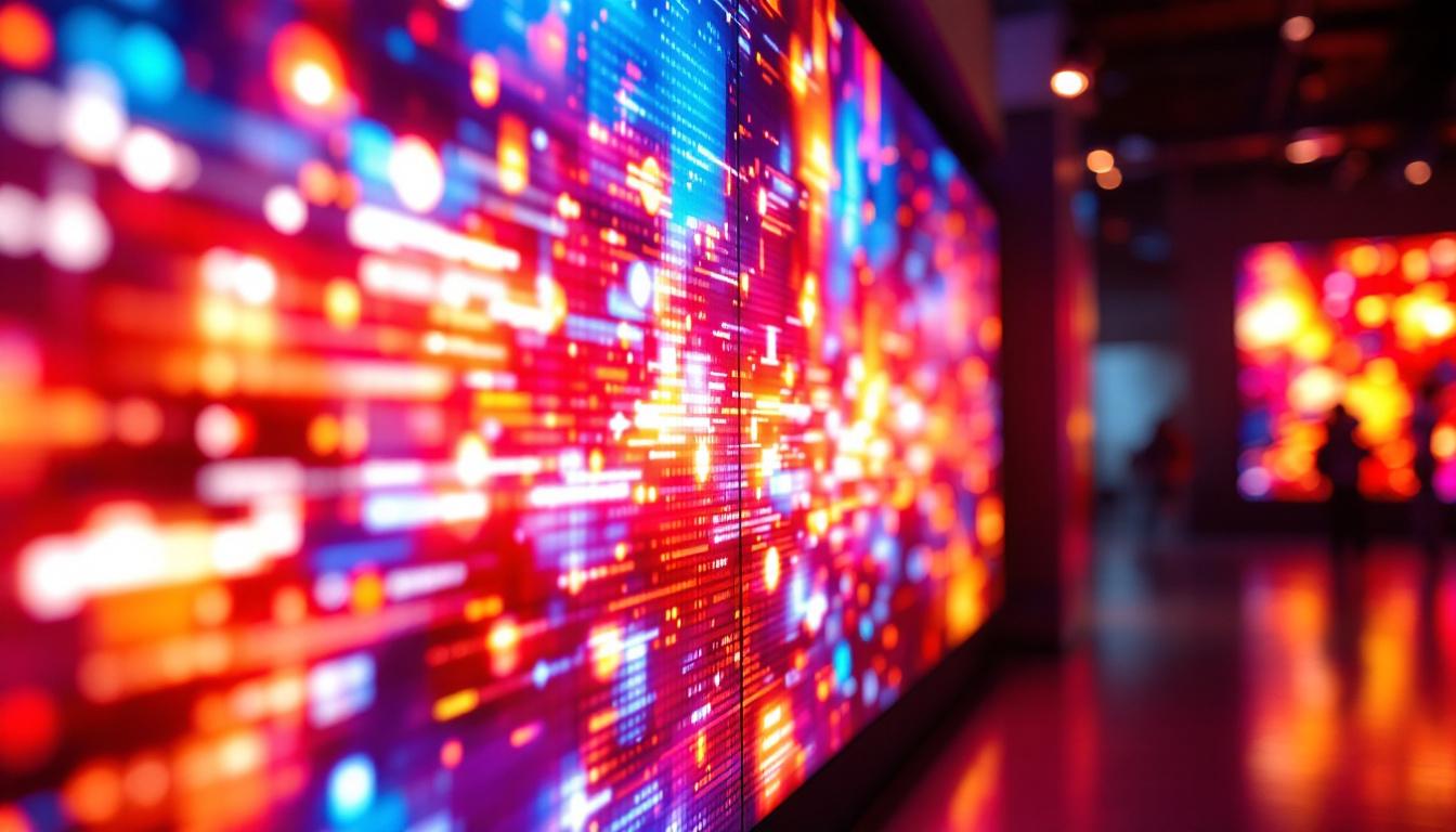A photograph of a vibrant led display showcasing dynamic visuals or graphics