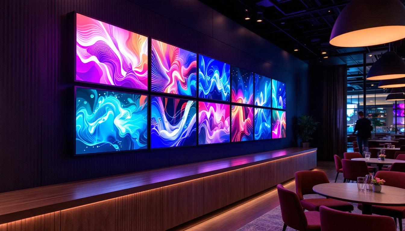 A photograph of a modern sands wall system installation featuring vibrant led displays in an engaging environment