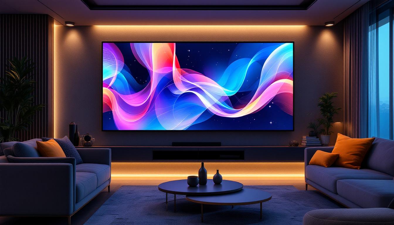 A photograph of a modern wall privacy screen featuring an led display