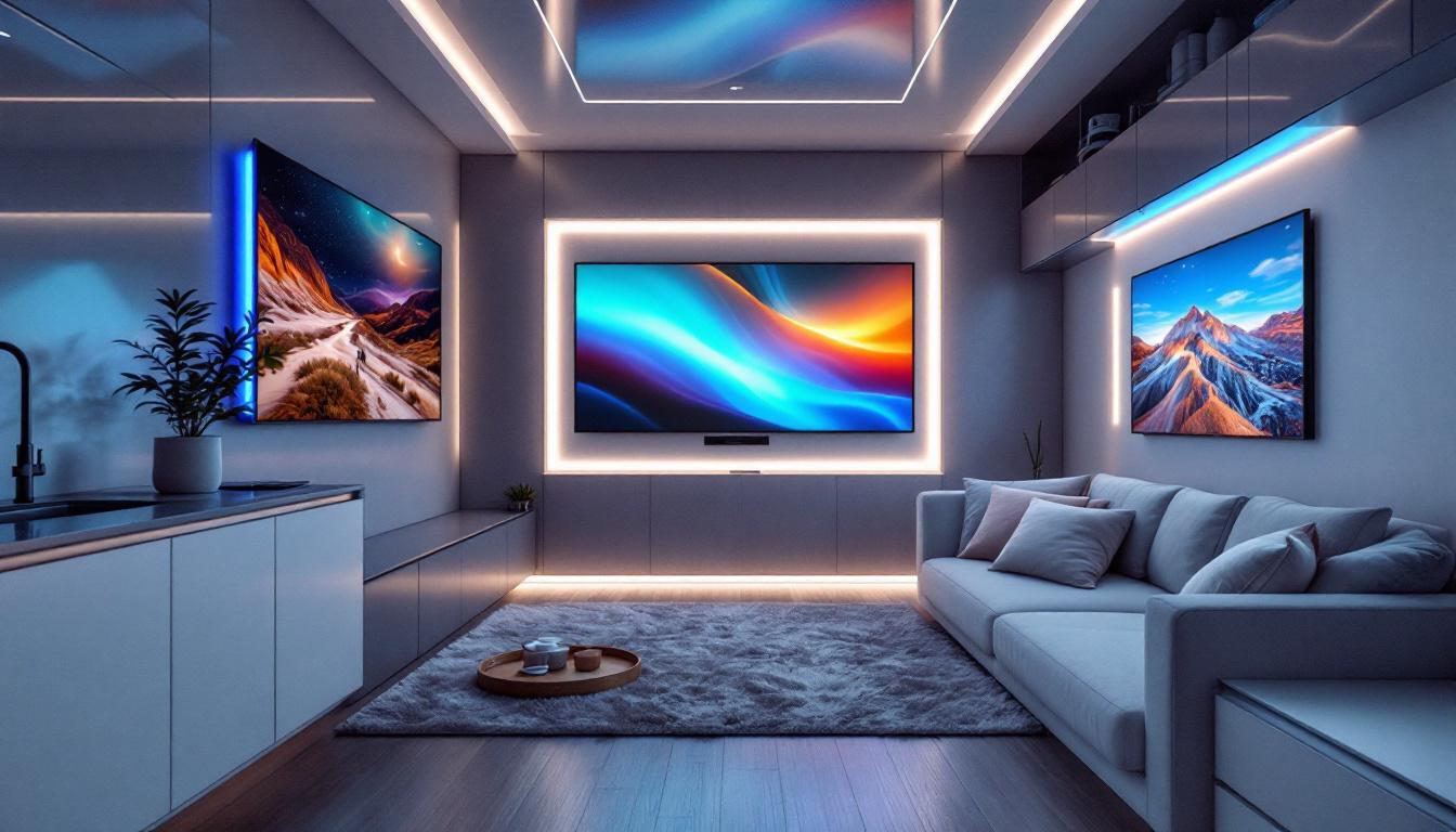 A photograph of a modern mobile home interior featuring sleek wall panels integrated with vibrant led displays
