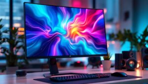 A photograph of a sleek led computer monitor displaying vibrant visuals