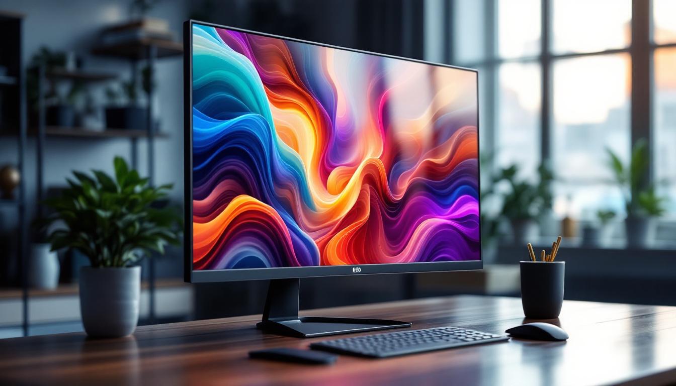 A photograph of a sleek 22-inch led computer monitor displaying vibrant