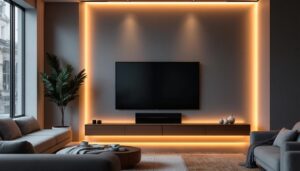 A photograph of a modern living room featuring a stylish tv back wall panel with an integrated led display