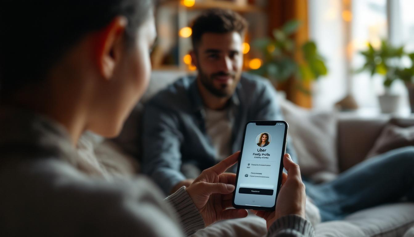A photograph of a family using the uber app on a smartphone