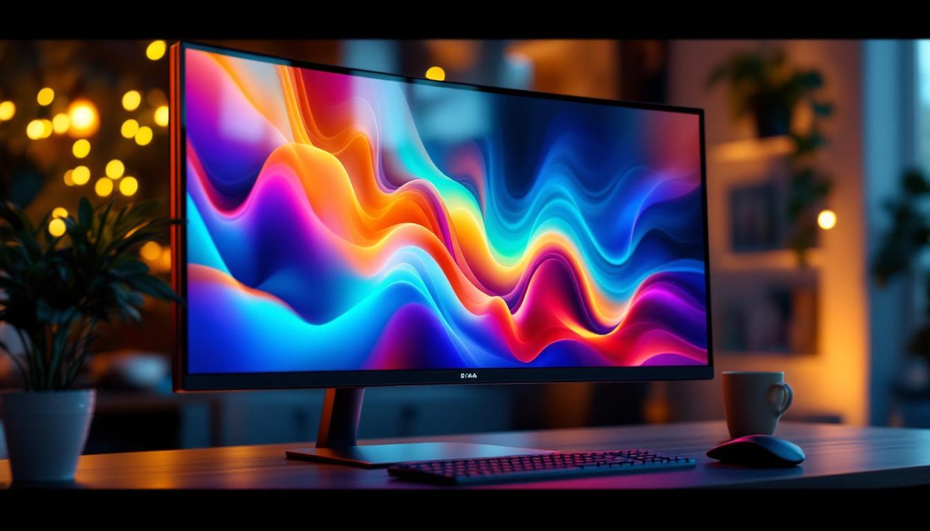 A photograph of a sleek led monitor displaying vibrant colors and sharp images