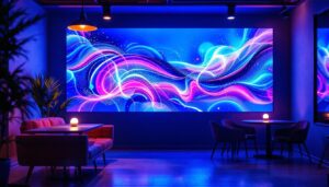 A photograph of a vibrant led display showcasing dynamic digital wall art in an aesthetically pleasing environment