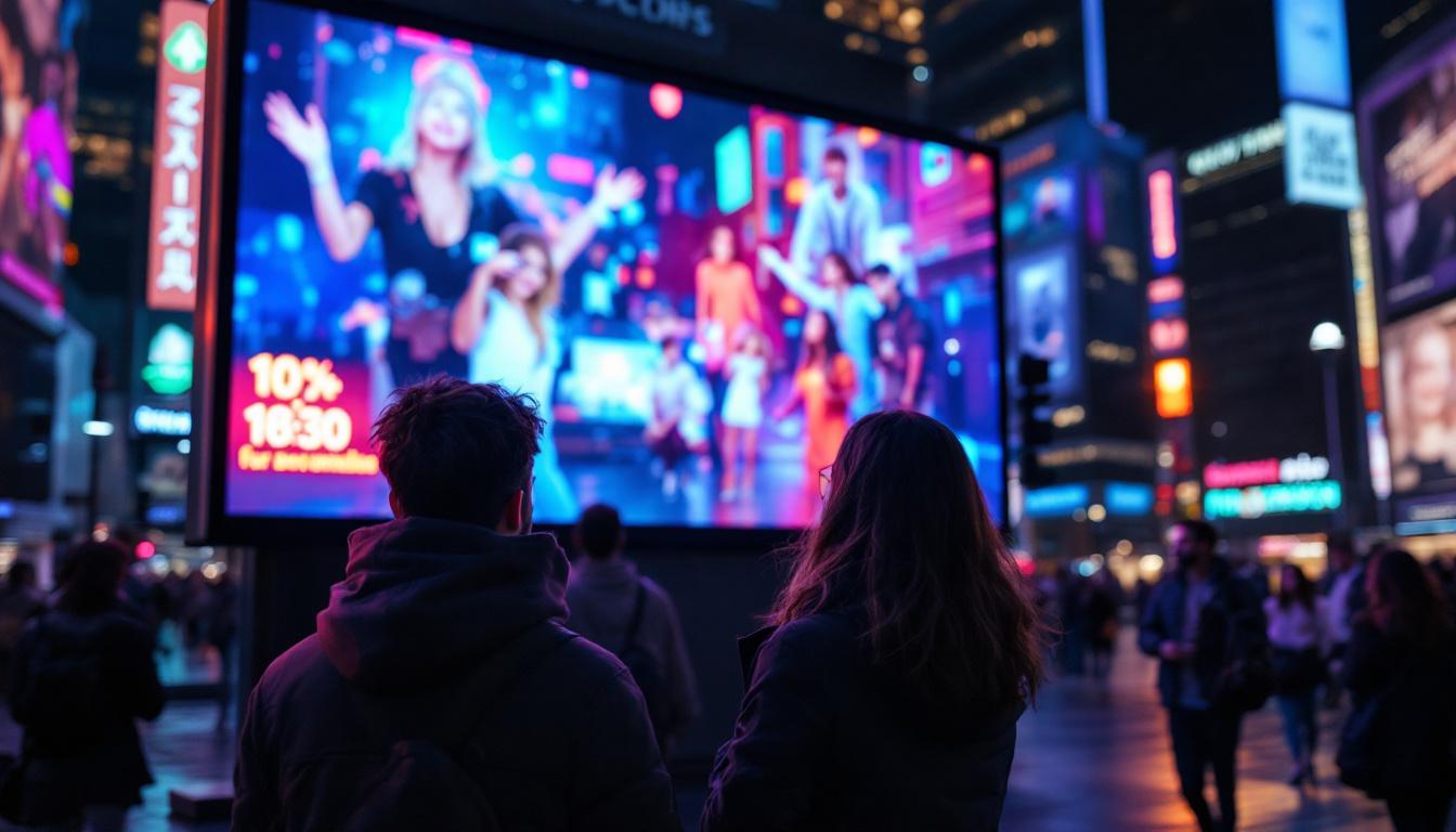 A photograph of a vibrant led display showcasing personalized video content in a dynamic urban setting