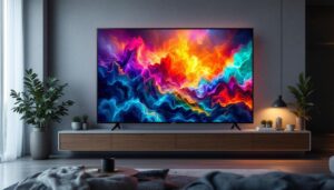 A photograph of a sleek 43-inch plasma tv displaying vibrant led visuals in a modern living room setting