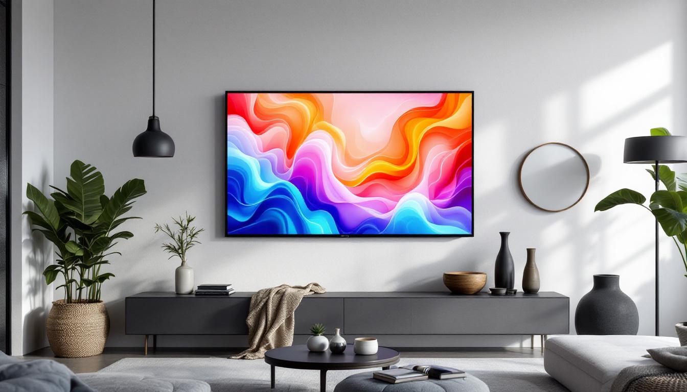 A photograph of a stylishly decorated wall featuring a large led display framed by modern artwork and decorative elements