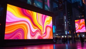 A photograph of a vibrant led display showcasing both concave and convex screens in an urban setting