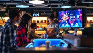 A photograph of a busy rei employee help desk with a clear view of the led display in action