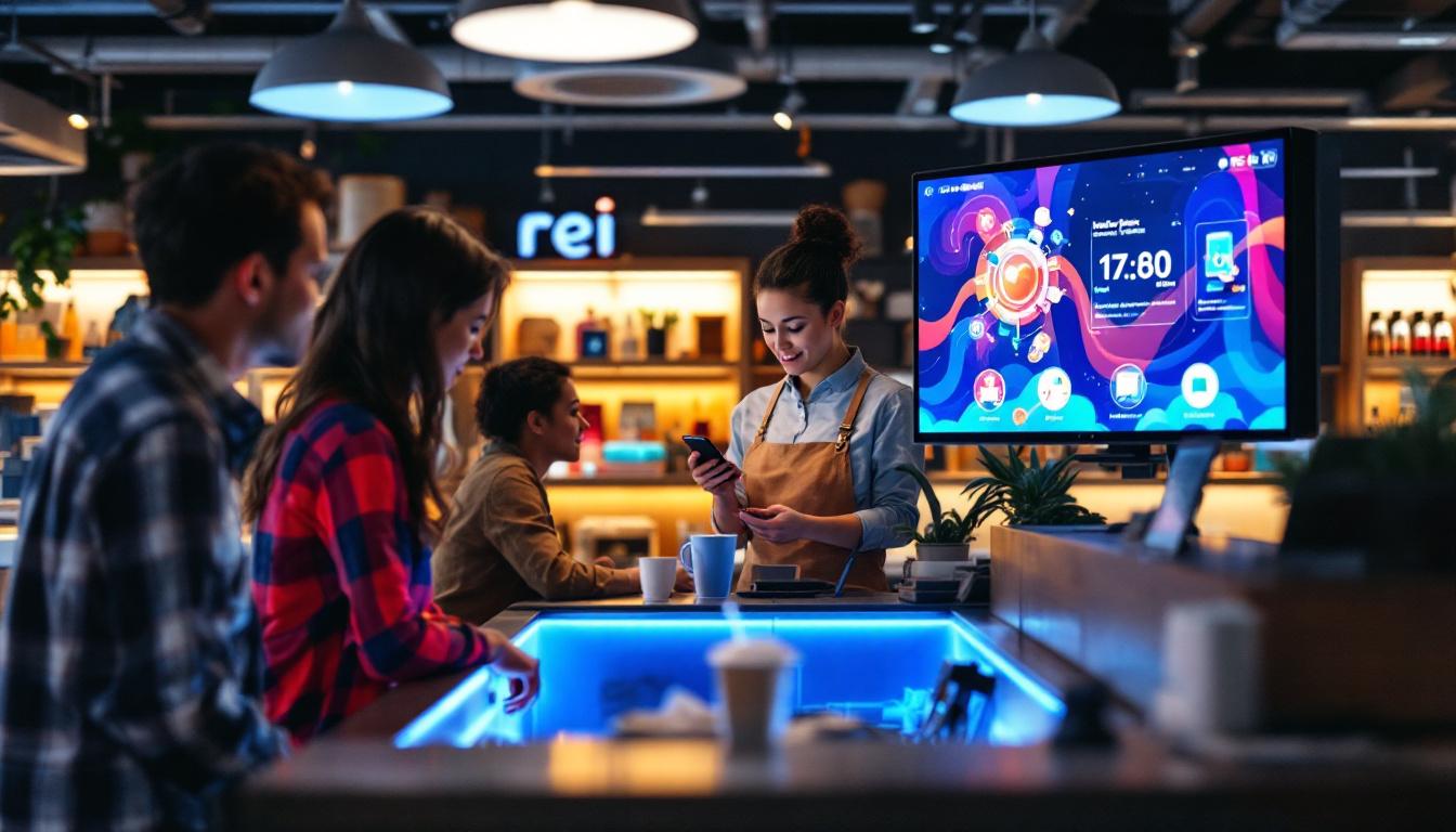 A photograph of a busy rei employee help desk with a clear view of the led display in action