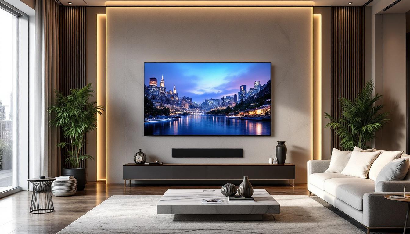 A photograph of a stylish living room featuring a sleek led display integrated into an elegant wall design