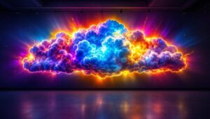 A photograph of a vibrant wall cloud illuminated by a dynamic led display