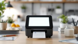 A photograph of capture a photograph of a p-touch printer prominently displayed with its led screen illuminated