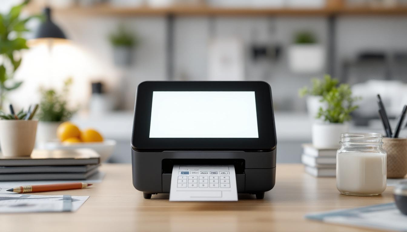 A photograph of capture a photograph of a p-touch printer prominently displayed with its led screen illuminated