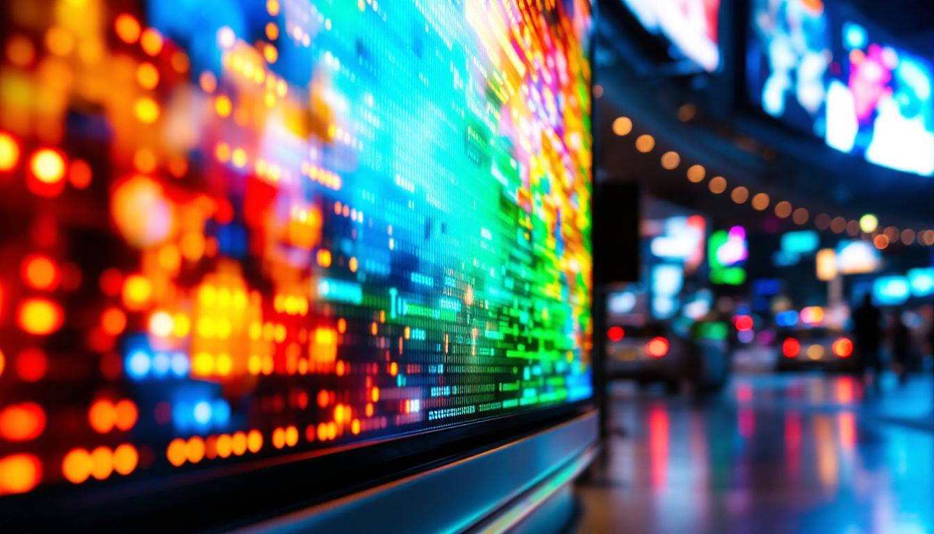 A photograph of a vibrant led display in a dynamic urban setting
