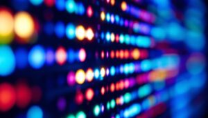 A photograph of a close-up of a vibrant led display showcasing dynamic colors and patterns