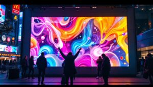 A photograph of a vibrant led display in a bustling urban setting