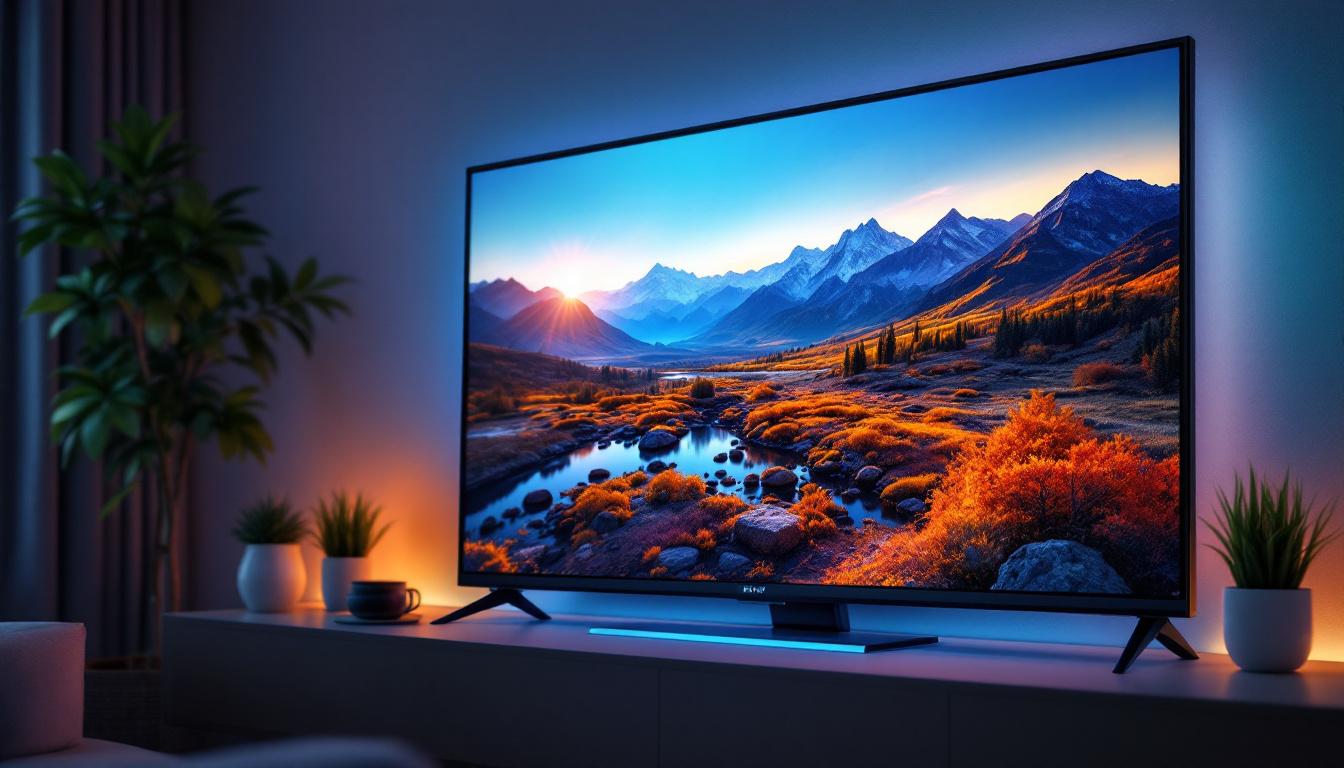 A photograph of a sleek led tv monitor displaying vibrant