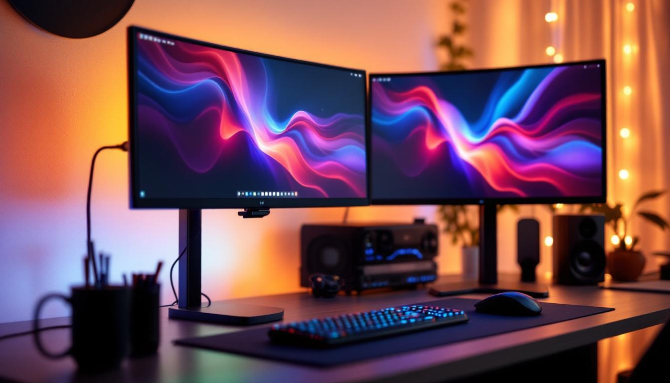 A photograph of a stylish workspace featuring two monitor stands with led displays