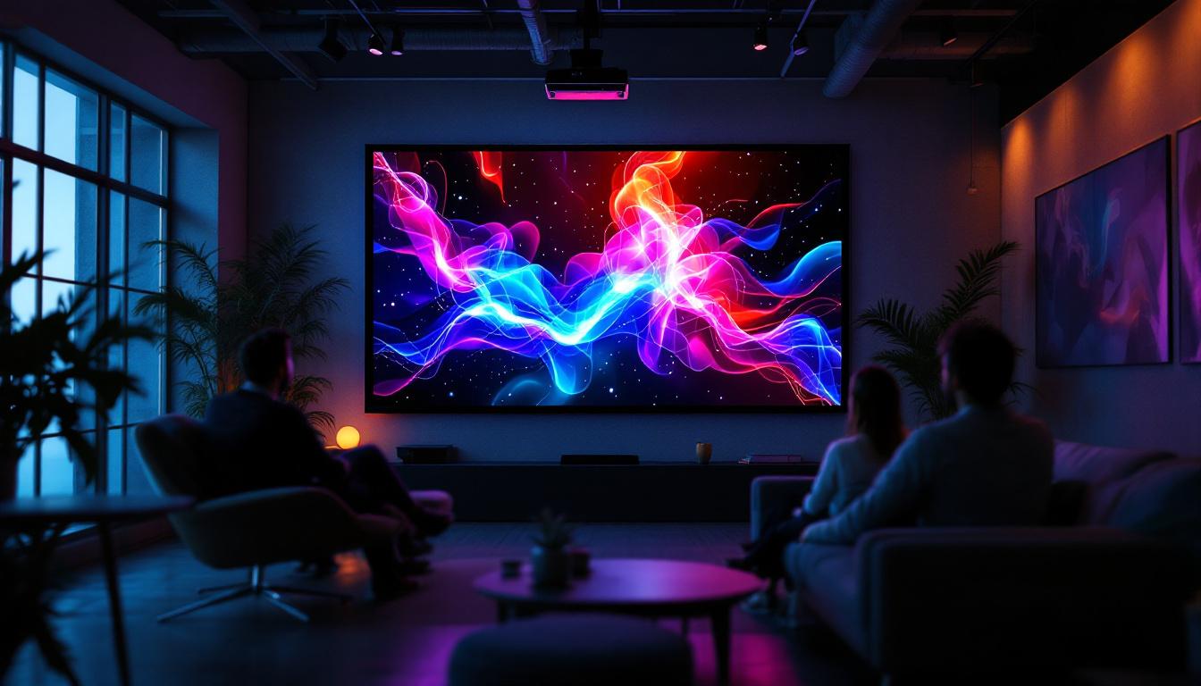 A photograph of a large projector screen displaying vibrant led visuals in a dynamic setting