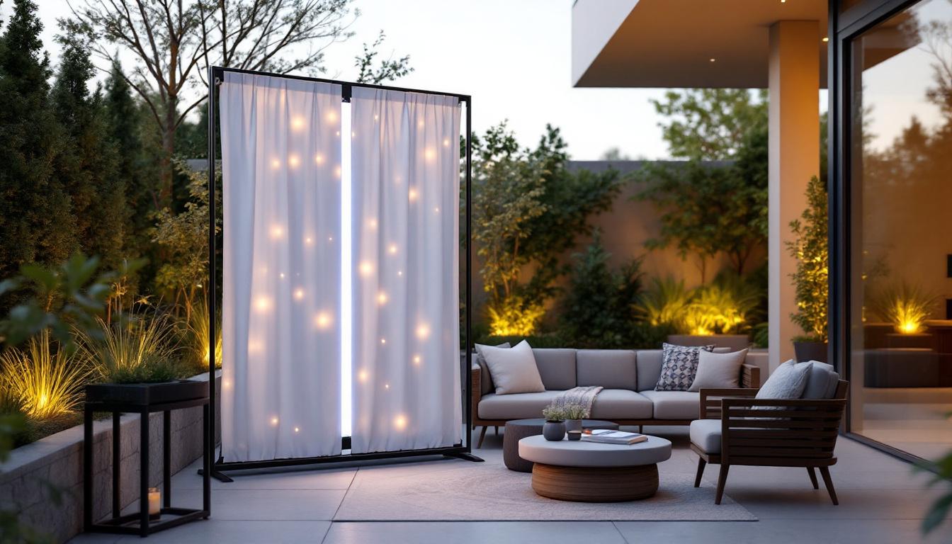 A photograph of a stylish free-standing privacy screen set up outdoors