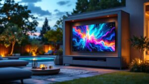 A photograph of a stylish outdoor tv case showcasing a vibrant led display in a picturesque backyard setting