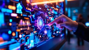 A photograph of a close-up shot of a vibrant led touchscreen in use