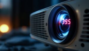 A photograph of a close-up of a projector's led display showing an error message or a blank screen