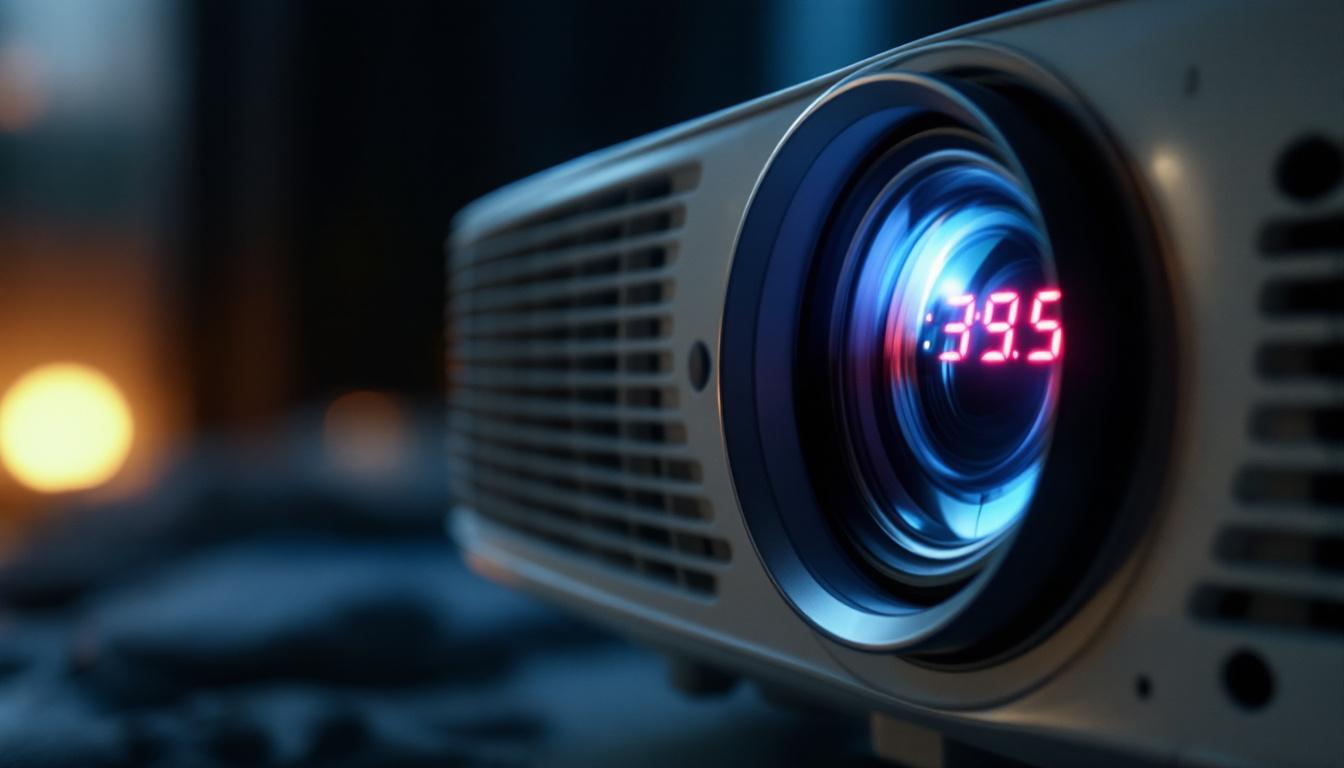 A photograph of a close-up of a projector's led display showing an error message or a blank screen