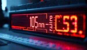 A photograph of capture a photograph of a close-up view of an led display screen showing a measurement conversion from 105 mm to inches