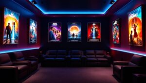 A photograph of a stylish theater room featuring framed movie posters illuminated by led lights