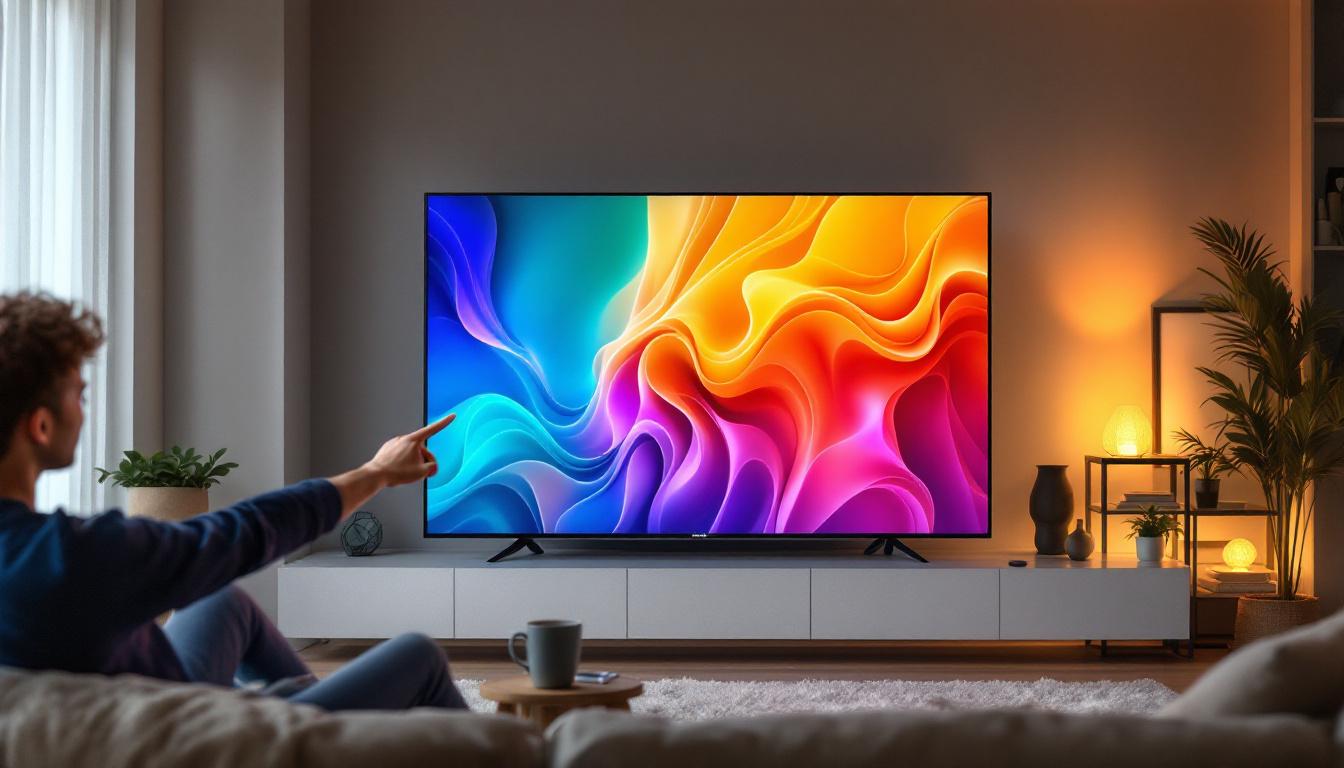 A photograph of a 75-inch led touch screen tv in a modern living room setting