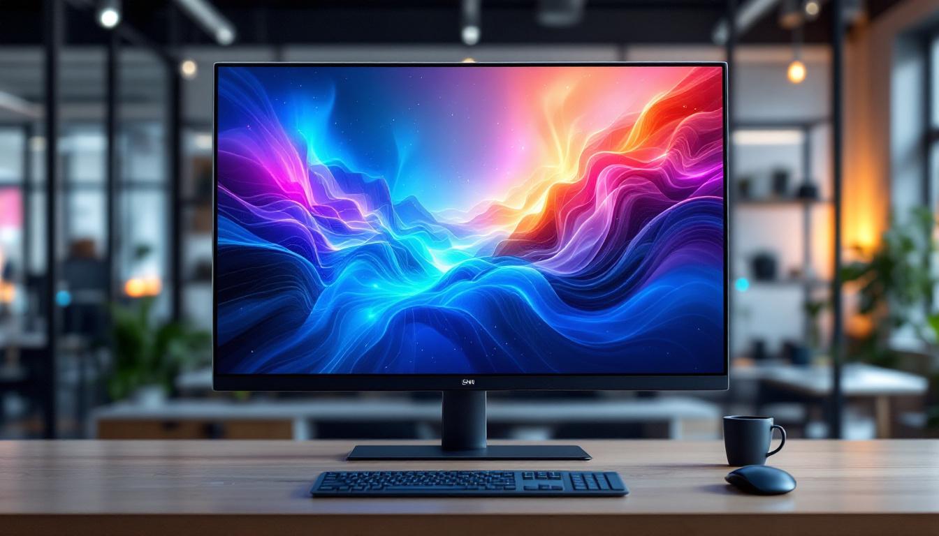 A photograph of a sleek 55-inch led monitor displaying vibrant visuals in a modern workspace setting