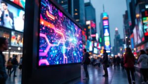 A photograph of a vibrant led display in a bustling urban setting