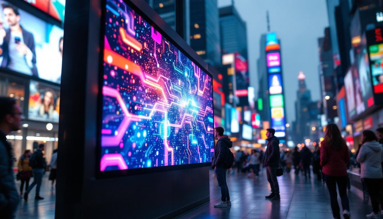 A photograph of a vibrant led display in a bustling urban setting