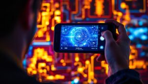 A photograph of a close-up of a person using a camera or smartphone to record their computer screen