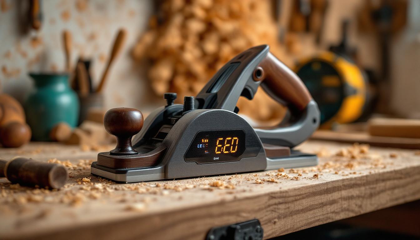 A photograph of capture a photograph of a curved hand planer prominently displayed on a wooden workbench