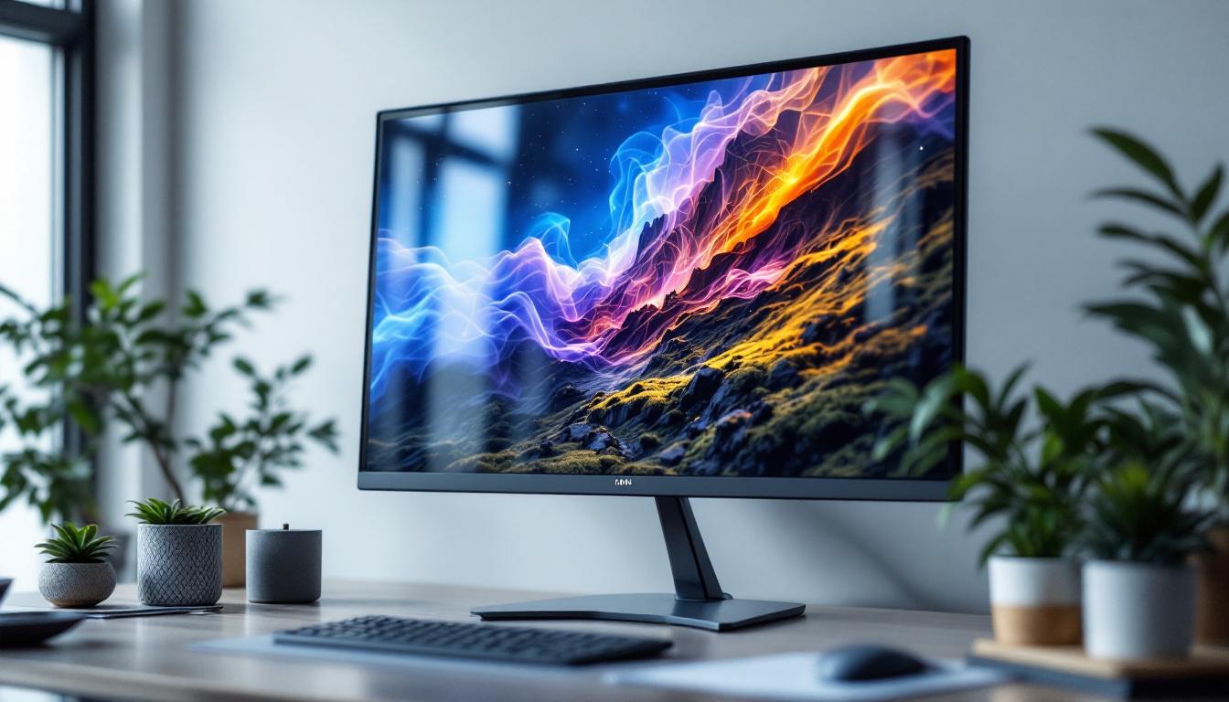 A photograph of a sleek 42-inch led monitor displaying vibrant