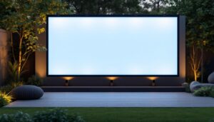 A photograph of a stylish outdoor privacy screen featuring an led display in a serene backyard setting